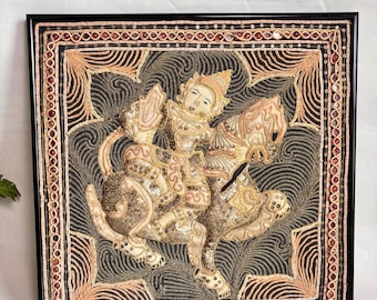 Framed Antique Myanmar Thai Burmese Kalaga Padded Tapestry with Warrior on Horse / Pink Beads 17.5” x 17.5” // Thailand Folk Art