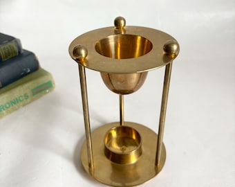 Vintage MCM Solid Brass Footed Pillar Essential Oil Burner / Aromatherapy Lamp in the style of hour glass