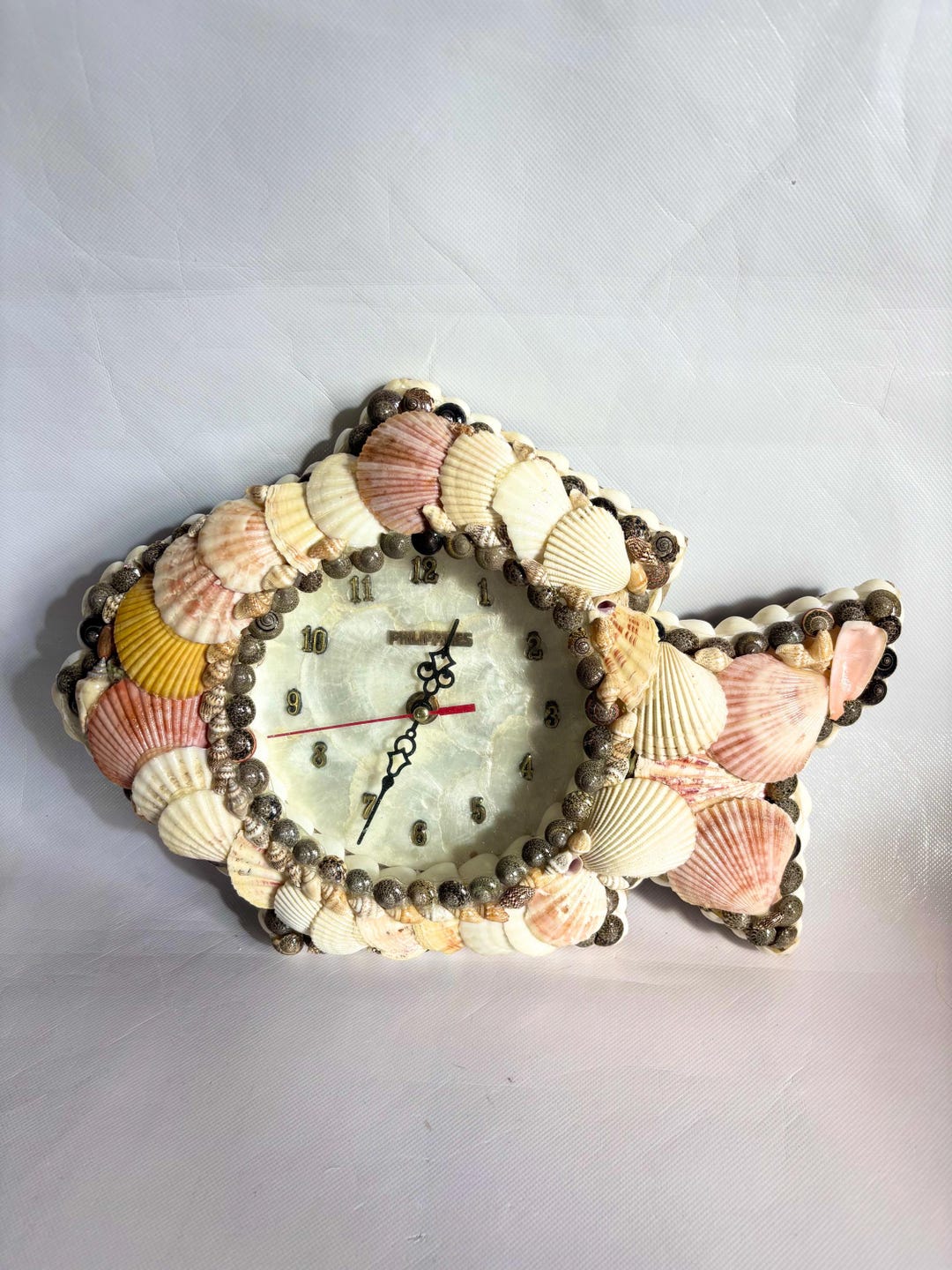 Vintage 13” Seashell Encrusted Fish Shape Wall Clock With Capiz ...