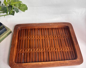 Vintage Mid Century 16” Wooden Rattan Rectangle Table Tray | Handcrafted Woven Wood Design | Rustic Serving Decorative Tray / Vanity Tray
