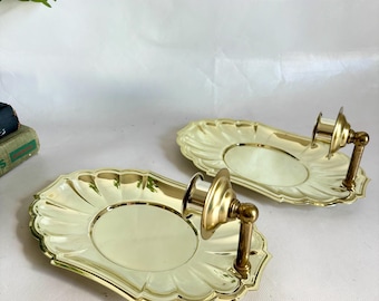 Set vintage di 2 portacandele da parete Homco a forma di conchiglia in ottone smerlato - Coppia di portacandele in stile francese coloniale ornato in oro