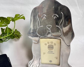 Vintage 1990s Postmodern chrome silver  Metal Dog Picture Frame, 13" X 9" (for 4" x 6" photo) // Dog Decor // Dog Photo Frame