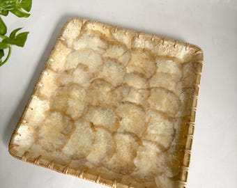 Vintage 11” Capiz Shell Square Decorative Tray with Rattan / Wicker Trim - Coastal Boho/ Mother of Pear/ Vanity Tray
