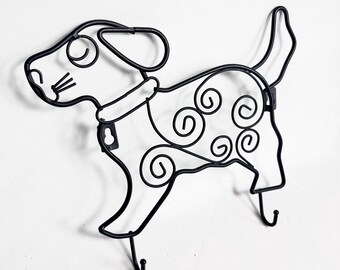 Vintage dog shaped wire wall coat rack hook / dog leash holder, pop art lacquered metal from 1990s Swedish Scandinavian design