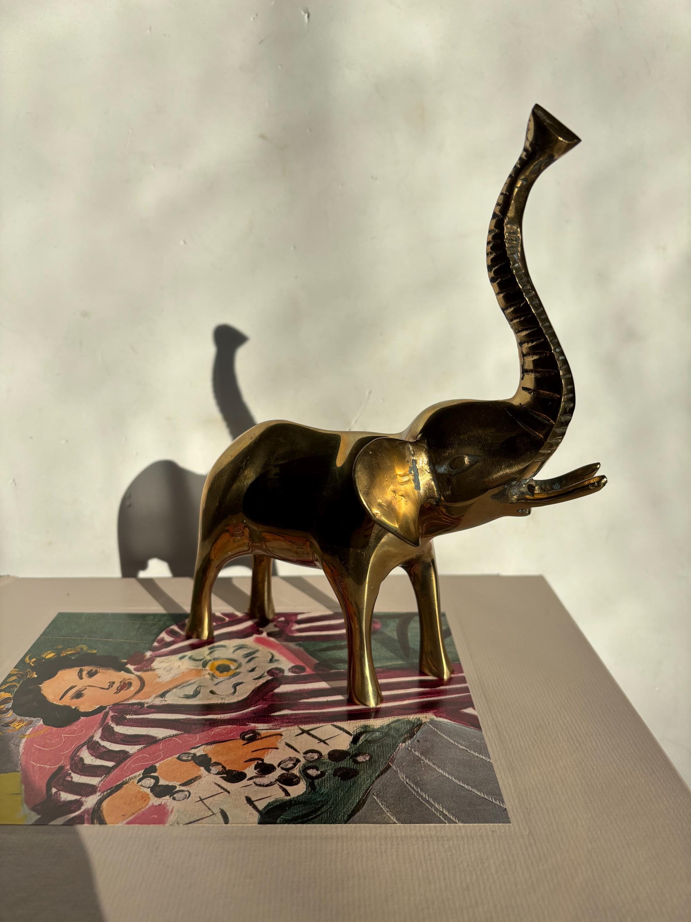 ヴィンテージ 大型 真鍮製 象の置物 彫刻 置物 - 9 インチ 真鍮製 鼻を