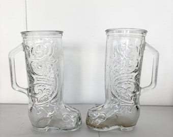Pair of Vintage Tall 8” Glass Boot Mug Glass with Handle- Glass Boot Mug, Mancave Decor, Cowboy Boot Glass Mug - Sold as Pair