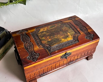Vintage 1950s Hand-Carved Cedar Wood Jewelry Box with Interior Engraved Floral Mirror and  Footed Base / Scenic Farm Picture of Mother Child