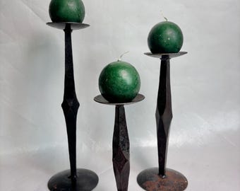 Vintage Trio of Brutalist Wrought Iron Candleholders for Votive Candles /Tall Industrial Ball Candleholder /Metal Votive / Ball Candleholder