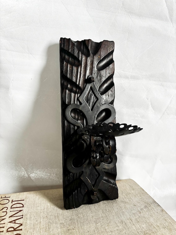 Vintage Carved Wood and Wrought Iron Spanish Gothic Wall Sconce