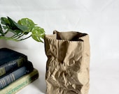 Vintage 1990s Ceramic Brown Paper Bag Vase / Ceramic “Paper Bag”  / Vessel / Similar to Michael Harvey/ Canada/ Pop Art