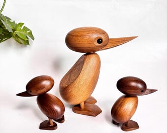 Vintage Set of 3 Danish Teak Wooden Duck & Ducklings Figures by Hans Bolling for Architectmade