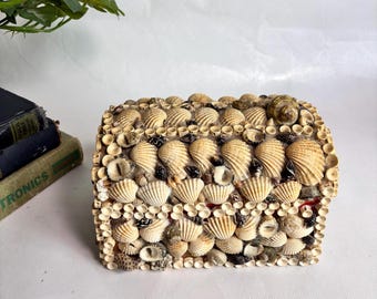 Vintage Humpback Seashell Encrusted Treasure Chest Maritime Sea Shell Art Velvet Lined Jewelry Box - 7.5” x 5”