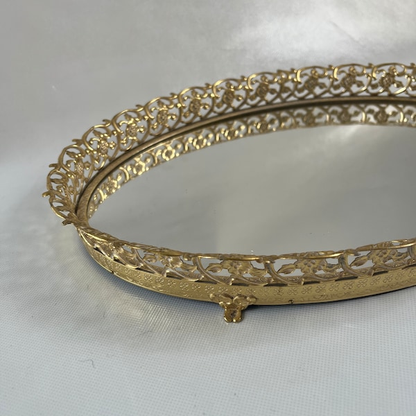 Vintage Large Mid Century MCM Brass Ornate Good Finish Oval Filigree Mirror Vanity Tray 14.25” across