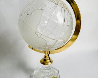 Vintage Large Crystal Lead Glass Earth Globe Hand Blown Made Germany Vintage 1960's Beyer / Handblown, Etched, Engraved Crystal Globe 15”