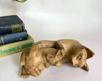 Vintage Wooden Hand Carved Cat with Kitten Sculpture | Mid Century Modern Carved Wood Cat Figurine | Mom Cat