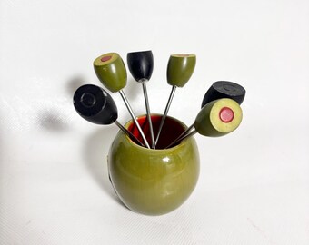 Vintage 7 Piece Green and Black Olive Cocktail Pick Set