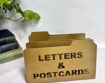 Vintage Gold Metal Postcard and Letter Divided Mail Holder / letter holder / napkin holder / mail rack / Mod brass decor