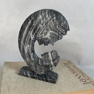 Vintage Carved Marble Mother and Child Black and White Silhouette Figurine Contemporary Modernist Madonna and Child Stone Statue