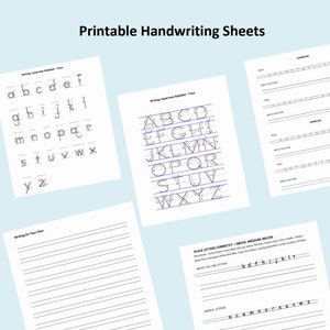 May include: Printable handwriting worksheets for kids featuring the alphabet in lowercase and uppercase letters. The worksheets include lines for practicing letter formation and a section for placing letters correctly above, on, or below the line.