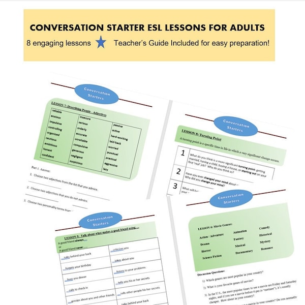 Printable ESL lessons, bundle, conversation starters, vocabulary building, adult ESL, teacher guide included