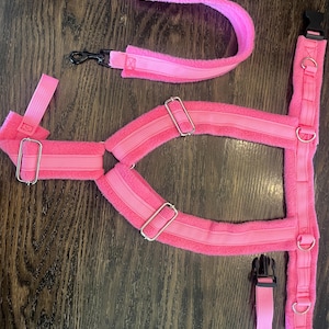 Puede incluir: Un arnés rosa brillante con una textura suave y difusa. El arnés cuenta con correas ajustables, anillas en D de metal y hebillas de plástico negro. Incluye una correa separada con dos clips metálicos negros.