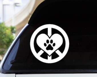 Peace Love Rescue Decal: Dog Paw Heart, Car Window Sticker