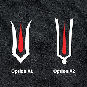 May include: Two white stylized images of a religious symbol with a red vertical line in the center. The symbol on the left has a pointed bottom, while the symbol on the right has a rounded bottom. The text "Option #1" is below the left symbol, and the text "Option #2" is below the right symbol.