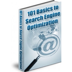 Puede incluir: Un libro titulado "101 Basics to Search Engine Optimization" con una cubierta blanca. La portada presenta un globo terráqueo, un símbolo @ ampliado por una lupa y el título en azul. El título también se muestra en el lomo.