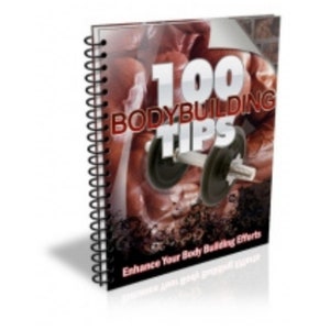 May include: A spiral-bound book with the title "100 Bodybuilding Tips" in white and red lettering. The cover features a blurred image of a person and a dumbbell. The text "Enhance Your Body Building Efforts" is at the bottom.
