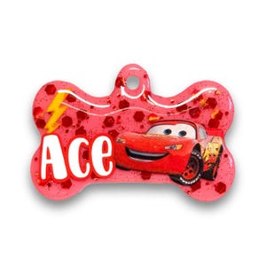 Lightening Mcqueen Custom Resin Dog Tag, Custom Pet ID tag, Puppy gift, Handmade Pet tag, Personalised Dog Tag, Dog tag, Glitter dog tag