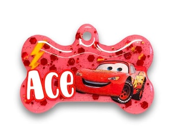 Placa de identificación de resina personalizada de Rayo McQueen, diseña tu propia placa, placa de identificación personalizada para mascota, regalo para cachorro, mascota, placa de identificación hecha a mano, placa de identificación con purpurina