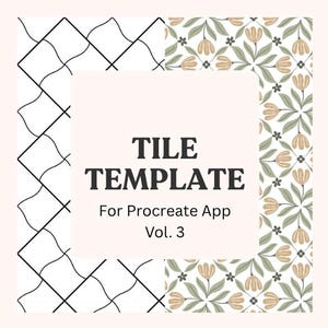 May include: A digital tile template for the Procreate app, Vol. 3, with a light pink background. The design features a white and black geometric pattern on the left and a floral pattern on the right. The text "TILE TEMPLATE" is in the centre.