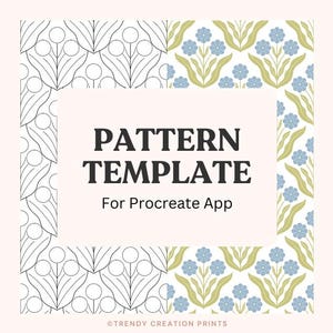 Puede incluir: Una plantilla digital para crear patrones sin costuras en la aplicación Procreate. La plantilla presenta dos patrones diferentes, uno con un diseño geométrico en blanco y negro, y el otro con un diseño floral en azul, verde y blanco.