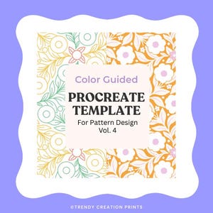 Op de afbeelding: Een vierkante afbeelding met een witte rand op een paarse achtergrond. De afbeelding toont bloemen- en bladerpatronen in geel, groen en oranje. Tekst luidt "Color Guided Procreate Template For Pattern Design Vol. 4."