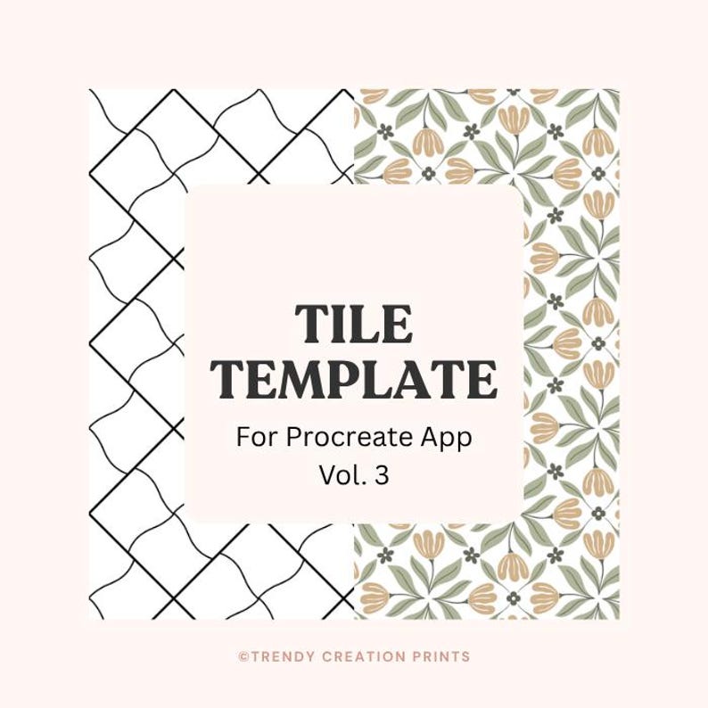 May include: A digital tile template for the Procreate app, Vol. 3, with a light pink background. The design features a white and black geometric pattern on the left and a floral pattern on the right. The text "TILE TEMPLATE" is in the centre.