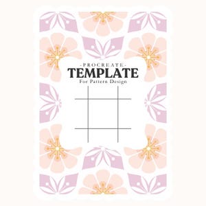 May include: A rectangular Procreate template for pattern design featuring a repeating floral motif in soft pink, lavender, and gold. The center contains a black grid and the text PROCREATE TEMPLATE For Pattern Design on a white background.
