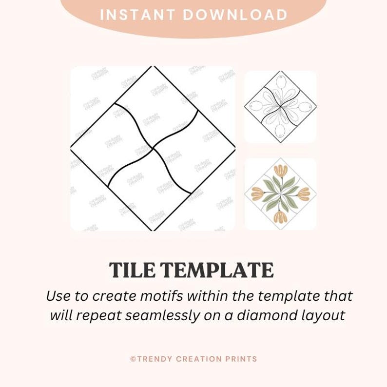 May include: A tile template design with a diamond layout. The image includes a large diamond divided into four sections, along with two smaller diamond designs featuring floral motifs. Text reads "TILE TEMPLATE" and "INSTANT DOWNLOAD."