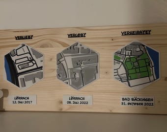 Valentine's Day, Wedding Gift, Anniversary | In Love, Engaged, Married Gift • 3D City Map made of PLA on Wood • Personalized • Couple • Decoration