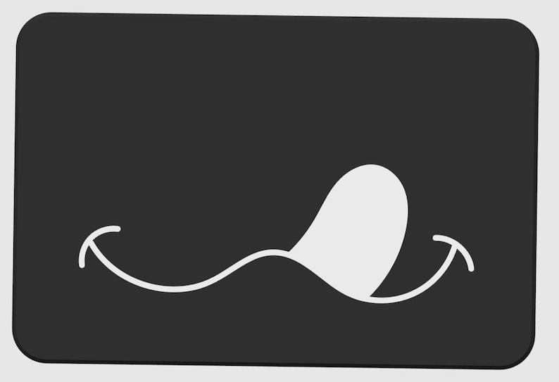 May include: A black rectangular design featuring a white cartoon tongue licking its lips. The tongue is in the center, with a curved line forming the mouth. The corners of the rectangle are rounded.