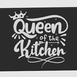 May include: Black rectangular kitchen mat with the words "Queen of the Kitchen" in white script. The design includes a crown, arrow, and decorative flourishes, perfect for a kitchen.