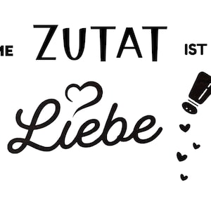 May include: Black and white graphic with German text: "Die geheime Zutat ist immer Liebe." A salt shaker icon is shown with hearts falling from it. The image is on a white background.