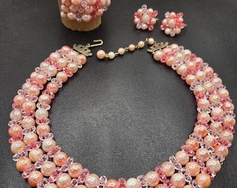 Vintage Pink Faux Pearl Beaded Demi-parure Set – Necklace, Bracelet, Clip-On Earrings
