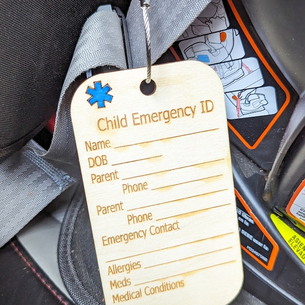 Car Seat Emergency Tag, Emergency ID tag, Emergency Information for First Responders, Non-verbal/Autism Car Seat Tag