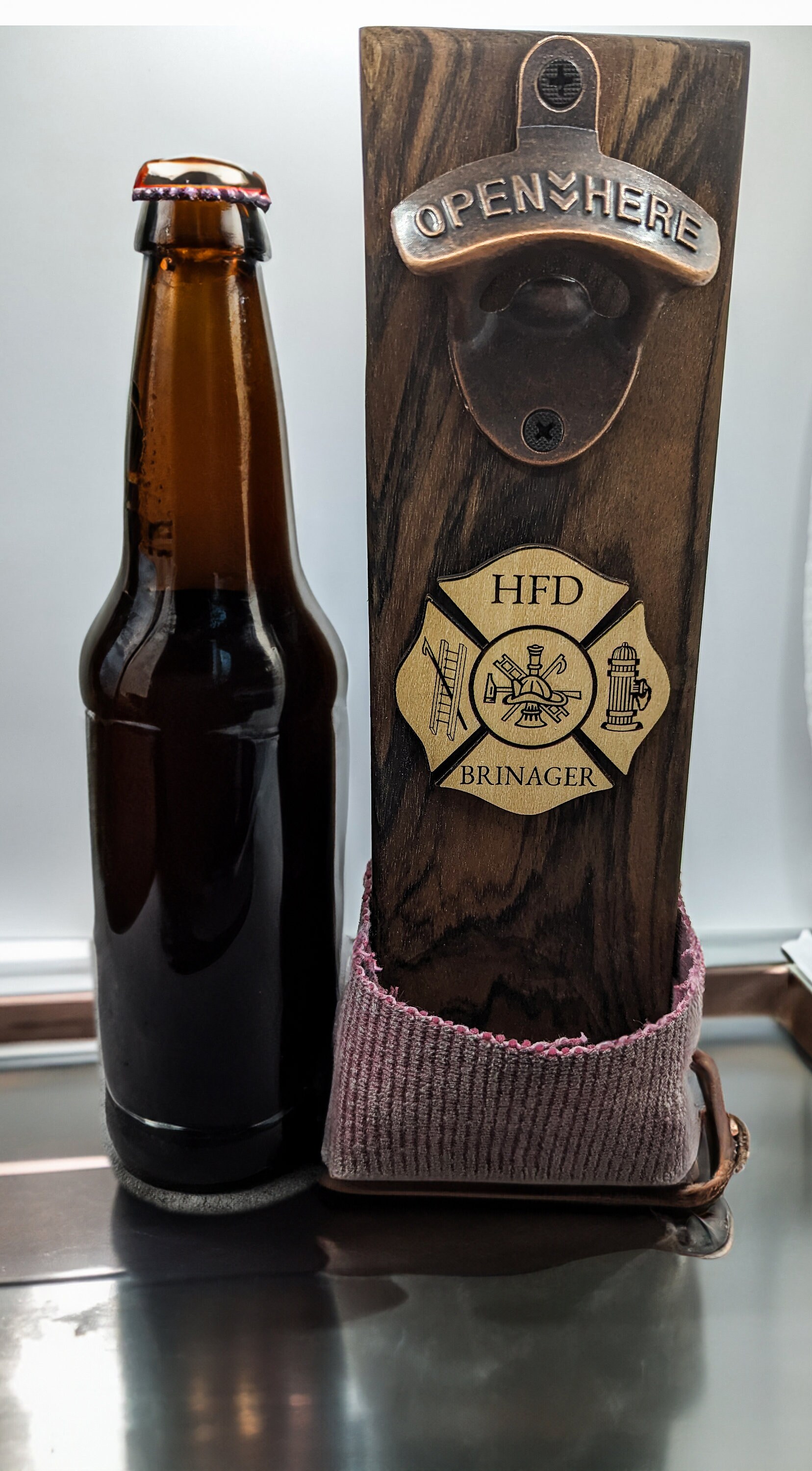 Customized Walnut Firefighter Bottle Opener With Fire Hose Cap Catcher