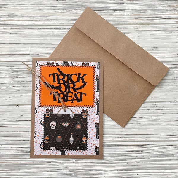 Handmade Halloween Greeting Card Pocket Trick or Treat Ghost Hand Sewn Card Stock Flat Lay Craft Paper Holiday Art with Envelope