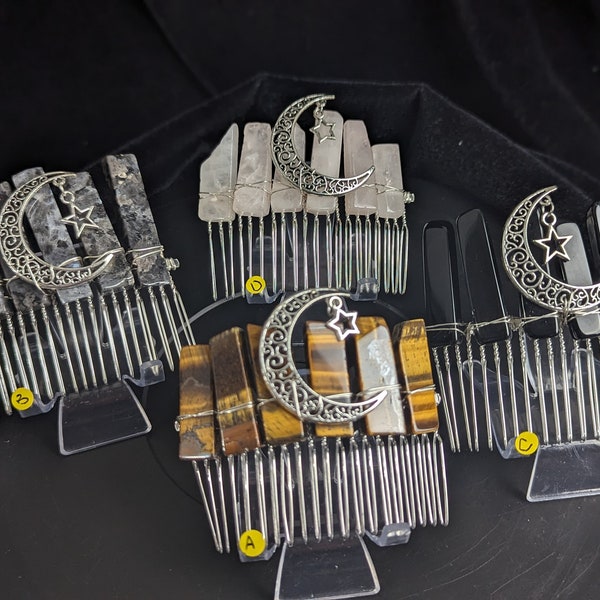 Crystal Moon Hair Combs ~ Larvikite Crown Comb ~ Tiger Eye Comb ~ Obsidian Comb ~ Rose Quartz Comb ~ Bridal Comb ~ Wedding Hair Accessory