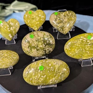 May include: Seven polished green and yellow heart and oval shaped stones on display stands. The stones have a speckled pattern and are labeled with numbers.