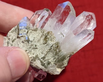 May include: A cluster of clear quartz crystals on a gray and green rock. The crystals are sharp and pointed, and they are arranged in a fan shape.