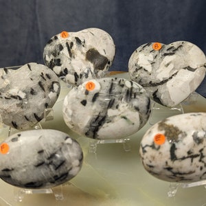 May include: Six heart-shaped and oval-shaped polished stones with black and white patterns. The stones are displayed on a white stand.