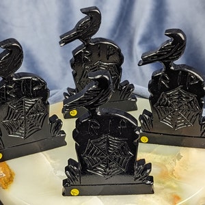 Natural Black Jade Raven on Tombstone Carving ~ Halloween Decoration ~ Stone Crow Figurine ~ Spooky Gift